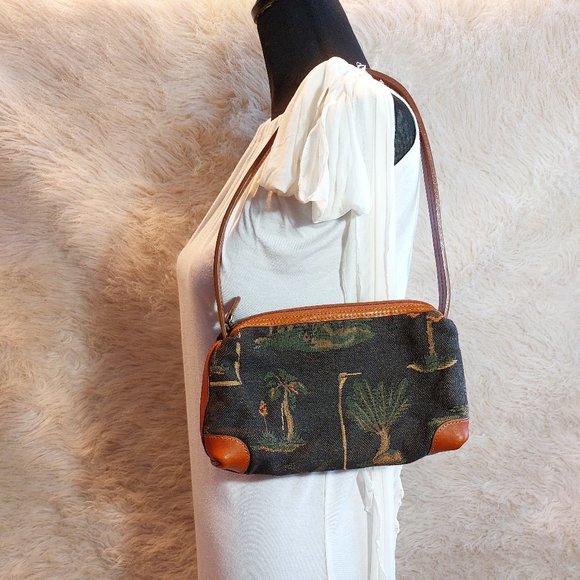 Vintage Tommy Bahama Canvas Tapestry Palm Tree Pattern Hobo Bag - Picture 1 of 10